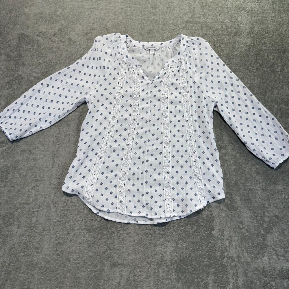 Counterparts 3/4 Sleeve Elastic Cuff Lace Blouse Large White & Blue‎ Boho Beach